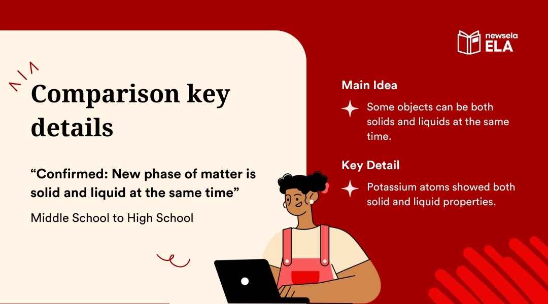 A slide from a Newsela ELA presentation on "Comparison key details." It provides an example from an article titled "Confirmed: New phase of matter is solid and liquid at the same time." The main idea is that "Some objects can be both solids and liquids at the same time" and the key detail is about potassium atoms.