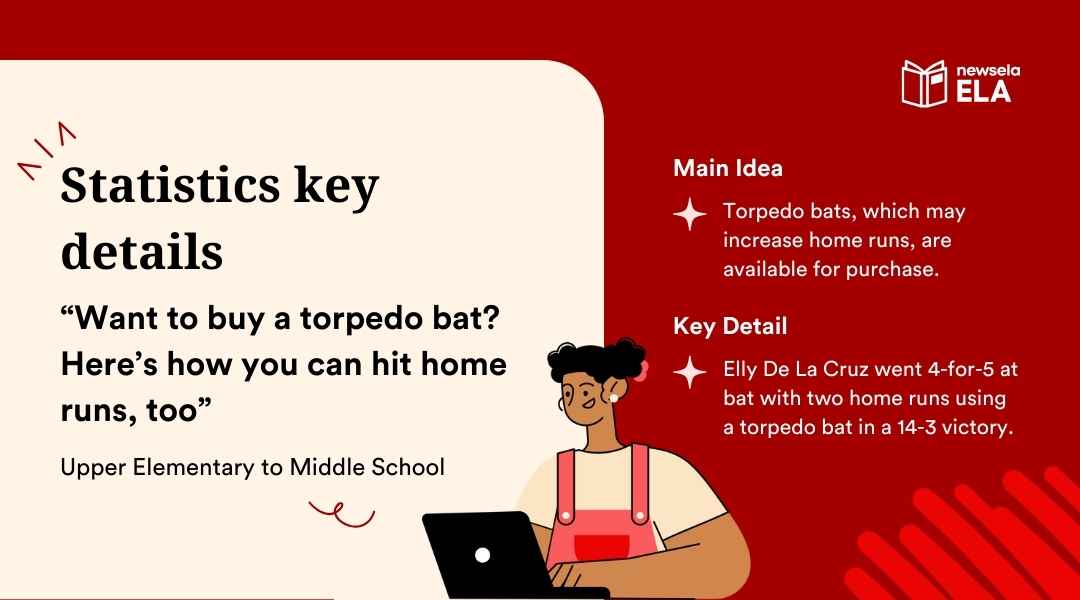 A slide from a Newsela ELA presentation on "Statistics key details." It provides an example from an article about torpedo bats. The main idea is that "Torpedo bats...are available for purchase" and the key detail provides a statistic about a home run hit by Elly De La Cruz.