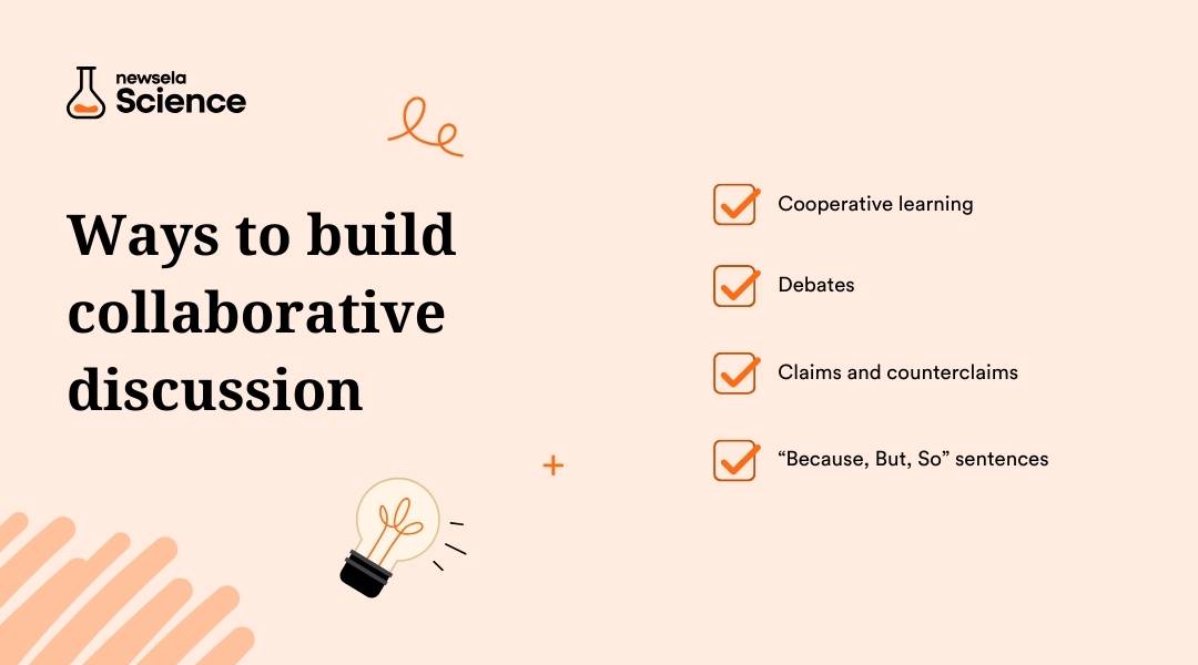 A slide from a Newsela Science presentation titled "Ways to build collaborative discussion." The methods listed are: Cooperative learning, Debates, Claims and counterclaims, and "Because, But, So" sentences.