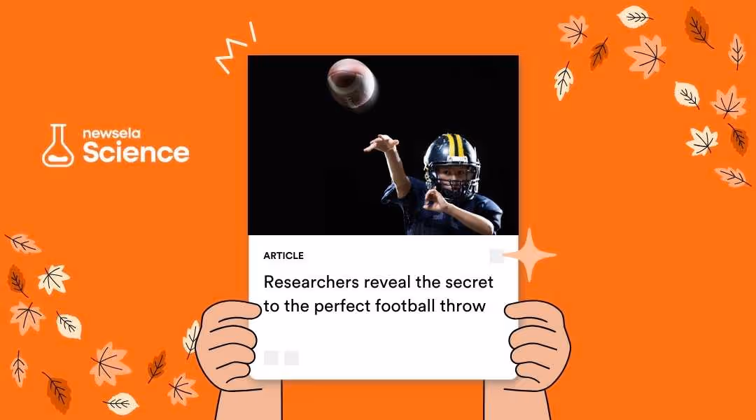 A Newsela Science graphic with an article titled "Researchers reveal the secret to the perfect football throw." The image shows a football player with a helmet in the process of throwing a football.