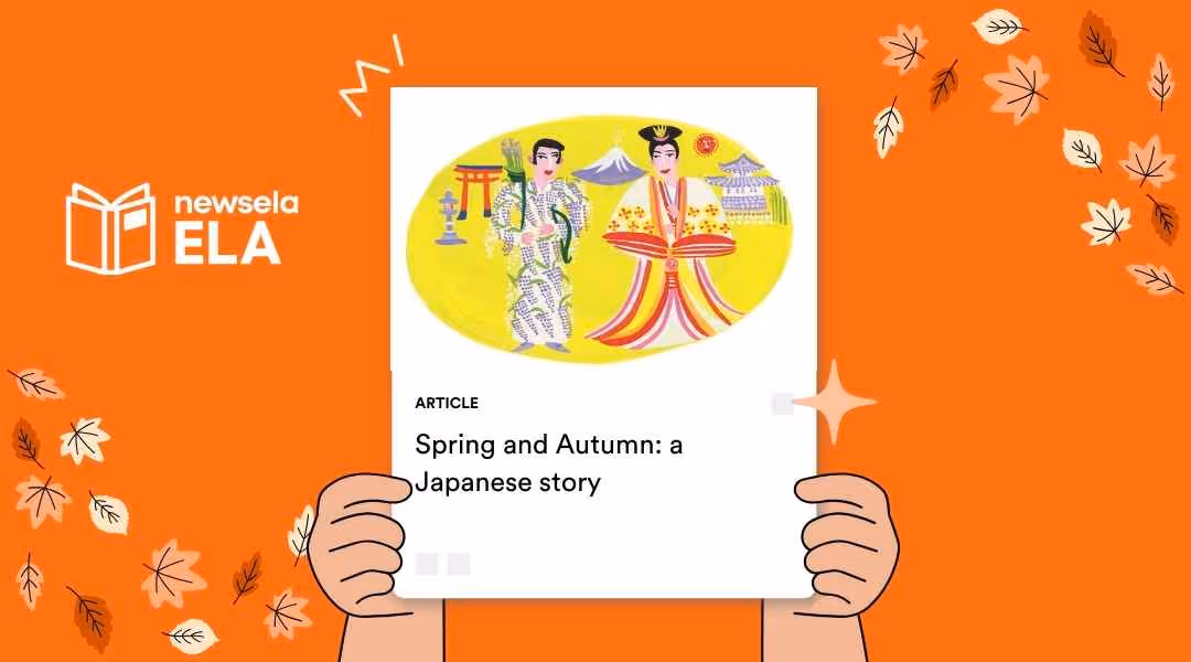 A Newsela ELA graphic with an article titled "Spring and Autumn: a Japanese story." The illustration shows two figures in traditional Japanese attire. The background includes a torii gate and a pagoda.