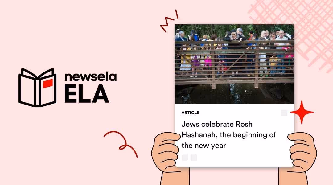 A Newsela ELA graphic displaying an article titled "Jews celebrate Rosh Hashanah, the beginning of the new year." The image shows a group of people standing on a bridge, looking down at the water below.