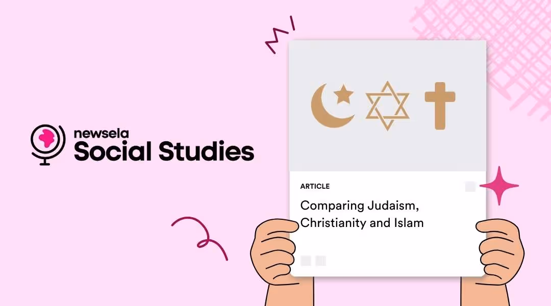 A Newsela Social Studies graphic displaying an article titled "Comparing Judaism, Christianity and Islam." The image above the article title shows the symbols for Islam (crescent moon and star), Judaism (Star of David), and Christianity (cross).