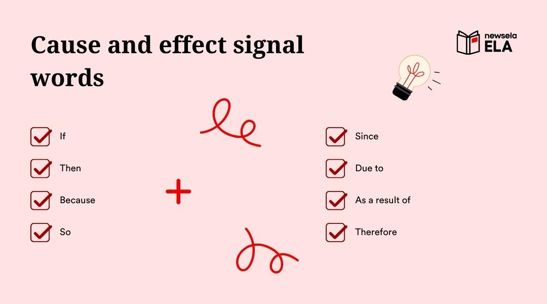 A slide from a Newsela ELA presentation titled "Cause and effect signal words." The words listed are: If, Then, Because, So, Since, Due to, As a result of, and Therefore.