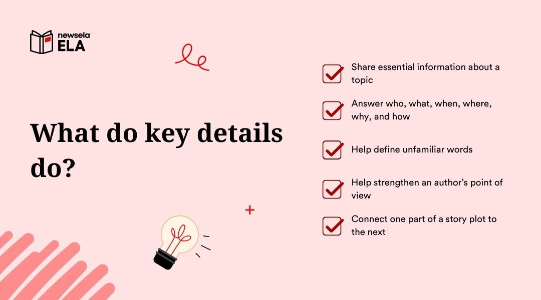A slide from a Newsela ELA presentation titled "What do key details do?" The functions listed are: Share essential information about a topic, Answer who, what, when, where, why, and how, Help define unfamiliar words, Help strengthen an author's point of view, and Connect one part of a story plot to the next.