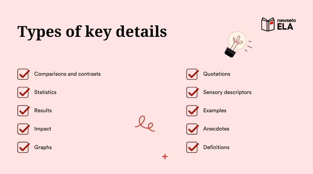 A slide from a Newsela ELA presentation titled "Types of key details." The types listed are: Comparisons and contrasts, Statistics, Results, Impact, Graphs, Quotations, Sensory descriptors, Examples, Anecdotes, and Definitions.