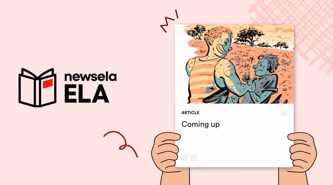 A Newsela ELA graphic with a comic strip-style article titled "Coming up." The illustration shows a larger figure confronting a smaller, seemingly distressed figure, depicting a scene of bullying.