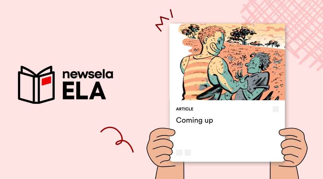 A Newsela ELA graphic with a comic strip-style article titled "Coming up." The illustration shows a larger figure confronting a smaller, seemingly distressed figure, depicting a scene of bullying.