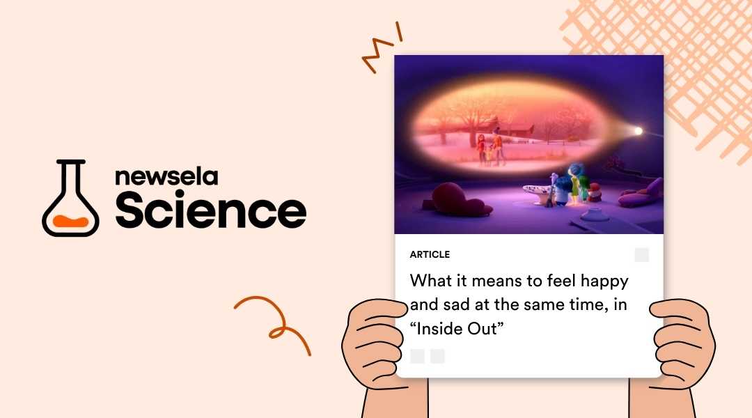 A Newsela Science graphic displaying an article titled "What it means to feel happy and sad at the same time, in 'Inside Out'." The image shows characters from the movie 'Inside Out' in a scene from the film.