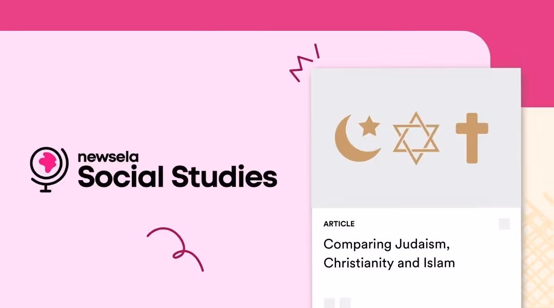 A Newsela Social Studies graphic displaying an article titled "Comparing Judaism, Christianity and Islam." The image above the article title shows the symbols for Islam (crescent moon and star), Judaism (Star of David), and Christianity (cross).