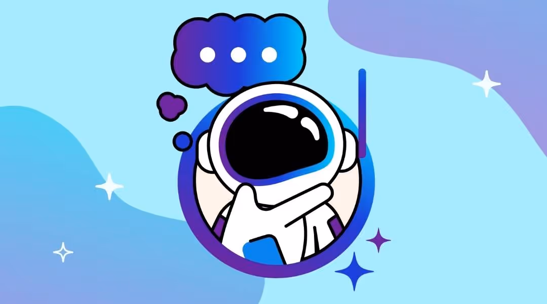 A cartoon illustration of an astronaut character, Luna, with a thought bubble containing three dots, suggesting it is thinking or processing information.