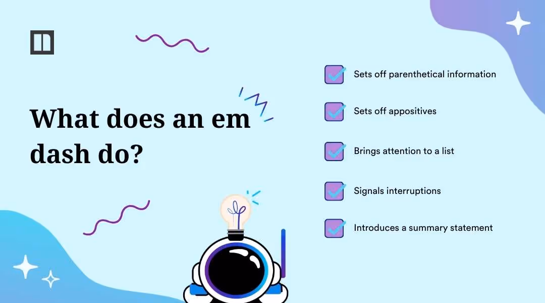 A slide from a Newsela presentation titled "What does an em dash do?" The uses listed are: Sets off parenthetical information, Sets off appositives, Brings attention to a list, Signals interruptions, and Introduces a summary statement.