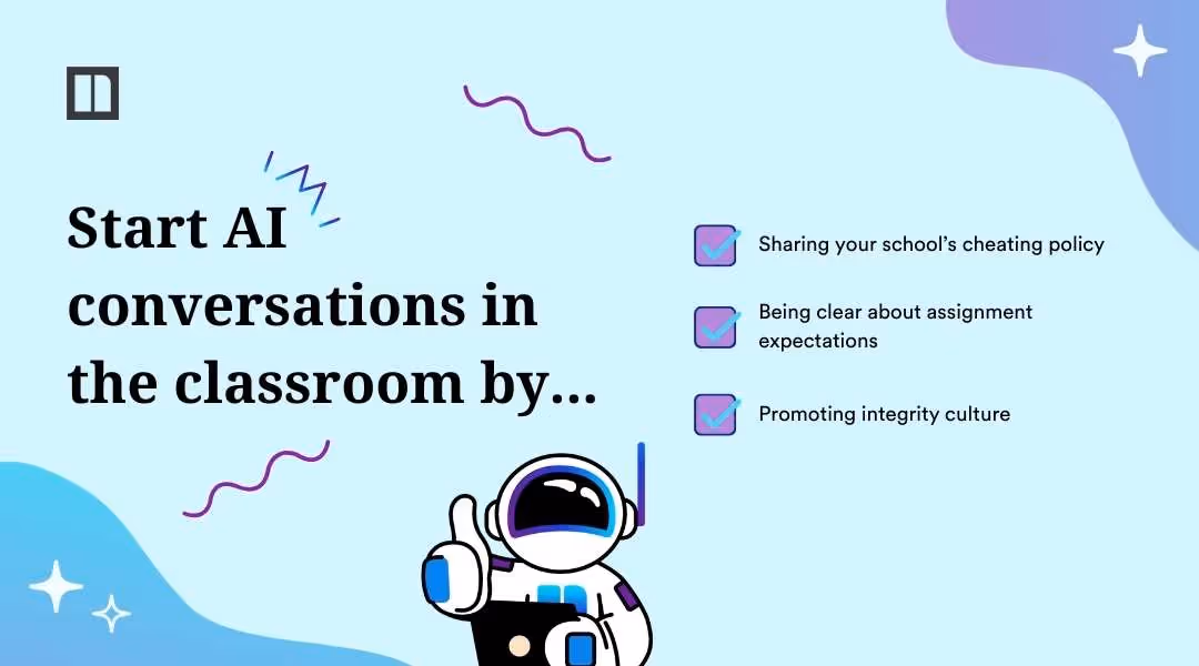 A slide from a Newsela presentation titled "Start AI conversations in the classroom by..." The suggestions listed are: Sharing your school's cheating policy, Being clear about assignment expectations, and Promoting integrity culture.