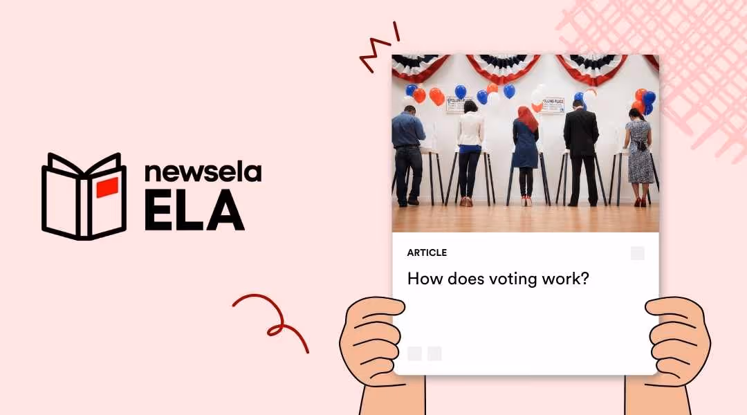 A Newsela ELA graphic with an article titled "How does voting work?" The image shows five people standing at voting booths in a polling station decorated with red, white, and blue balloons and bunting.