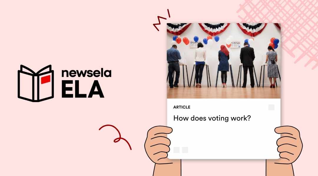 A Newsela ELA graphic with an article titled "How does voting work?" The image shows five people standing at voting booths in a polling station decorated with red, white, and blue balloons and bunting.