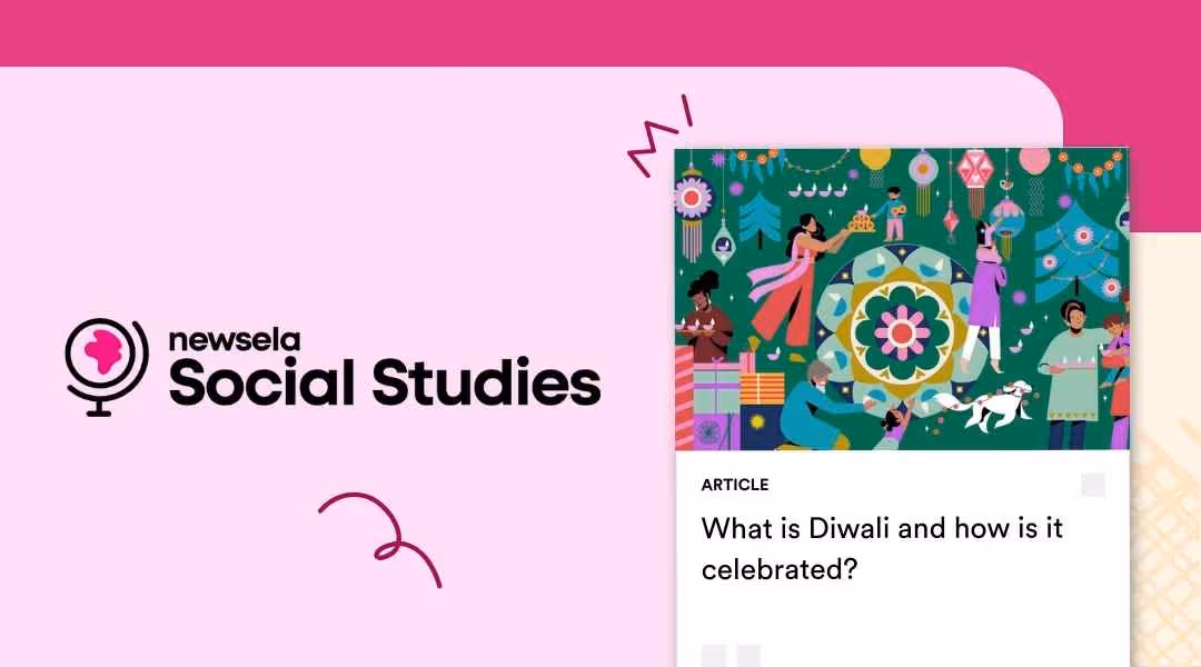 A Newsela Social Studies graphic with an article titled "What is Diwali and how is it celebrated?" The illustration shows people in traditional clothing celebrating with lanterns and a colorful rangoli design.