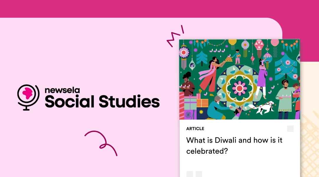 A Newsela Social Studies graphic with an article titled "What is Diwali and how is it celebrated?" The illustration shows people in traditional clothing celebrating with lanterns and a colorful rangoli design.