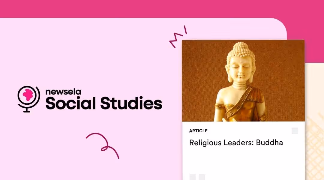 A Newsela Social Studies graphic with an article titled "Religious Leaders: Buddha." The image shows a close-up of a carved statue of the Buddha.