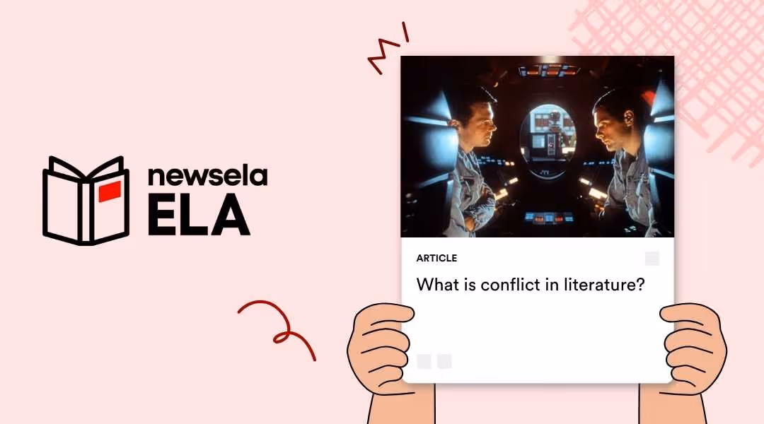 A Newsela ELA graphic with an article titled "What is conflict in literature?" The image shows a scene from a science fiction movie with two figures in space suits facing each other, a visual representation of conflict.