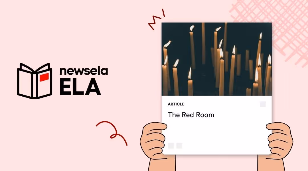 A Newsela ELA graphic with an article titled "The Red Room." The image shows a room with many long, thin candles burning.