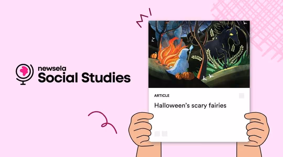 A Newsela Social Studies graphic with an article titled "Halloween’s scary fairies." The illustration shows a dark, horse-like figure and a small, cloaked figure near a bonfire, with pumpkins scattered on the ground.