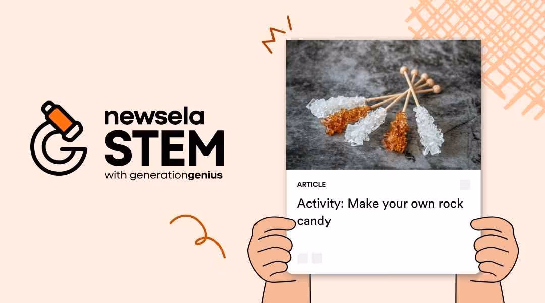 A Newsela STEM graphic with an article titled "Activity: Make your own rock candy." The image shows several sticks of clear and amber-colored rock candy resting on a gray, textured surface.