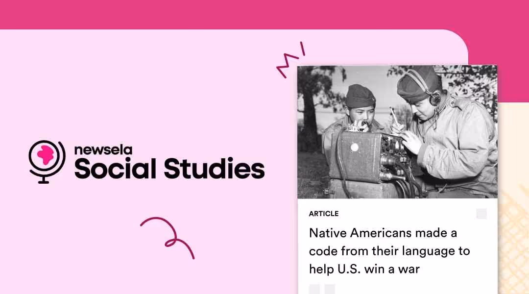 A Newsela Social Studies graphic with an article titled "Native Americans made a code from their language to help U.S. win a war." The black and white image shows two Navajo Code Talkers during World War II, operating a radio transmitter with large headphones.