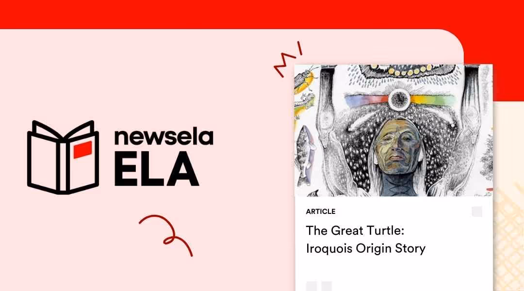 A Newsela ELA graphic with an article titled "The Great Turtle: Iroquois Origin Story." The image is a stylized, illustrative portrait of an Indigenous person with a rainbow and animal figures around them.