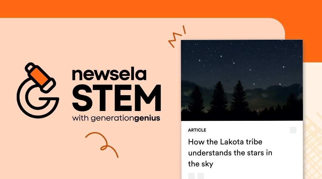 A Newsela STEM graphic with an article titled "How the Lakota tribe understands the stars in the sky." The image shows a dark, starry night sky above a silhouette of pine trees.