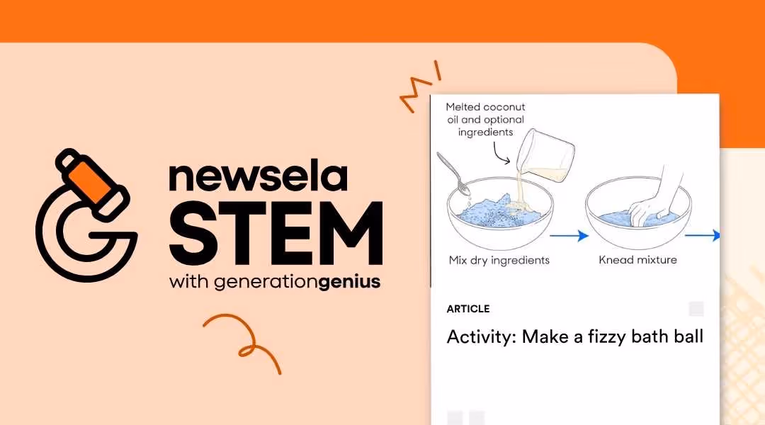 "Newsela Science article 'Activity: Make a fizzy bath ball,' showing a two-step diagram for a science experiment. The steps show mixing dry ingredients and kneading the mixture, demonstrating a hands-on activity for a lesson on chemical reactions."