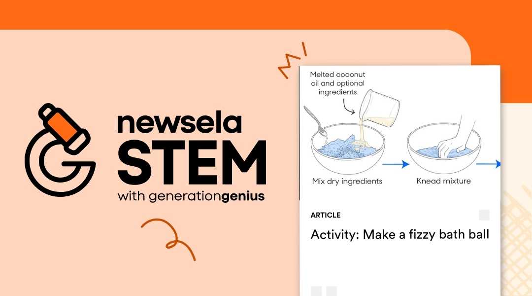 "Newsela Science article 'Activity: Make a fizzy bath ball,' showing a two-step diagram for a science experiment. The steps show mixing dry ingredients and kneading the mixture, demonstrating a hands-on activity for a lesson on chemical reactions."