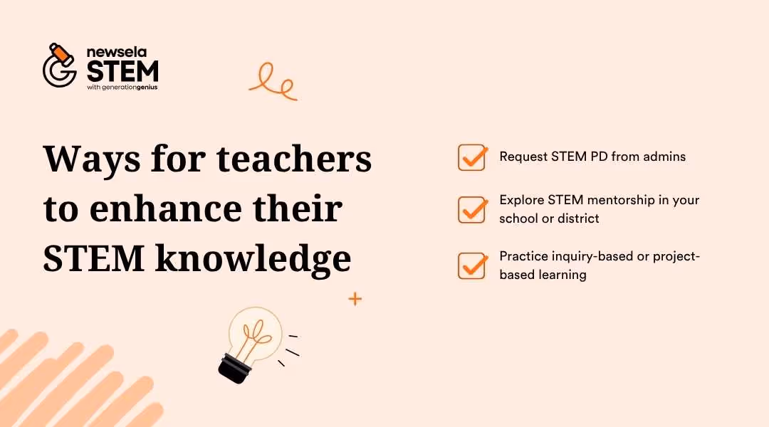 A Newsela STEM slide titled "Ways for teachers to enhance their STEM knowledge." The methods listed are: Request STEM PD from admins, Explore STEM mentorship in your school or district, and Practice inquiry-based or project-based learning.