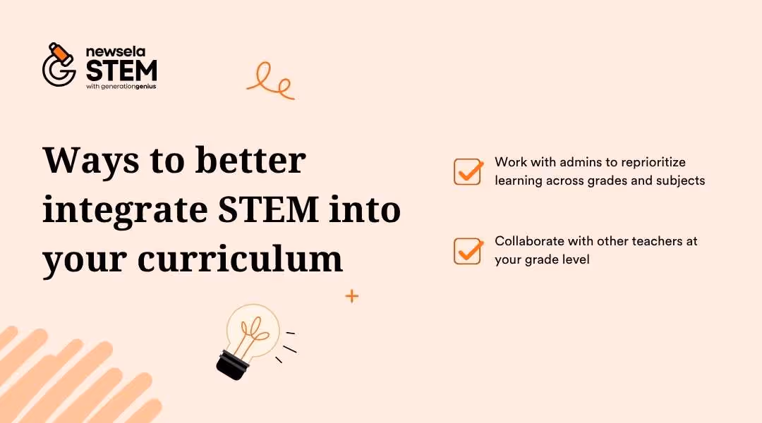 A Newsela STEM slide titled "Ways to better integrate STEM into your curriculum." The strategies listed are: Work with admins to reprioritize learning across grades and subjects, and Collaborate with other teachers at your grade level.