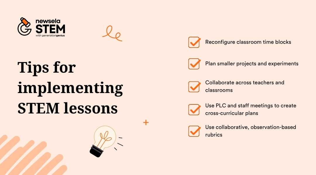 A Newsela STEM slide listing "Tips for implementing STEM lessons." The tips include: Reconfigure classroom time blocks, Plan smaller projects and experiments, Collaborate across teachers and classrooms, Use PLC and staff meetings to create cross-curricular plans, and Use collaborative, observation-based rubrics.