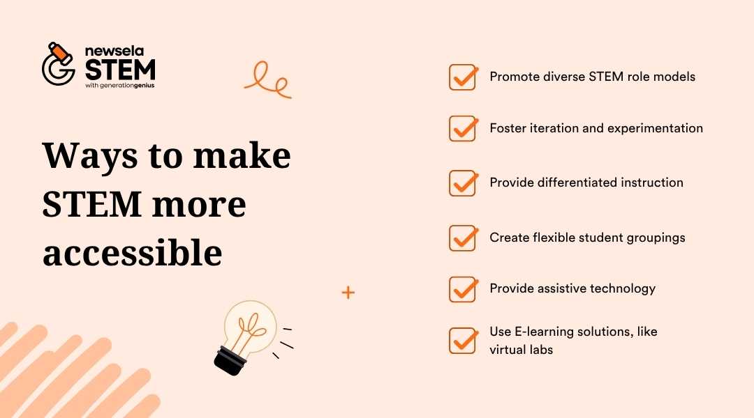 A Newsela STEM slide titled "Ways to make STEM more accessible." The methods listed are: Promote diverse STEM role models, Foster iteration and experimentation, Provide differentiated instruction, Create flexible student groupings, Provide assistive technology, and Use E-learning solutions, like virtual labs.