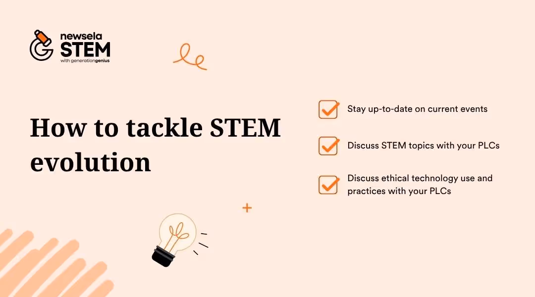 A Newsela STEM slide titled "How to tackle STEM evolution." The strategies listed are: Stay up-to-date on current events, Discuss STEM topics with your PLCs, and Discuss ethical technology use and practices with your PLCs.