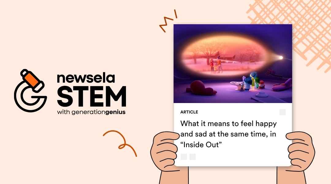 A Newsela Science graphic displaying an article titled "What it means to feel happy and sad at the same time, in 'Inside Out'." The image shows characters from the movie 'Inside Out' in a scene from the film.