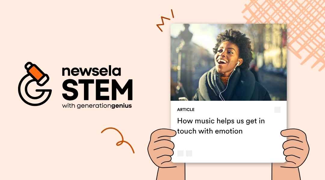 A Newsela Science graphic with an article titled "How music helps us get in touch with emotion." The image shows a happy woman wearing earbuds and listening to music.