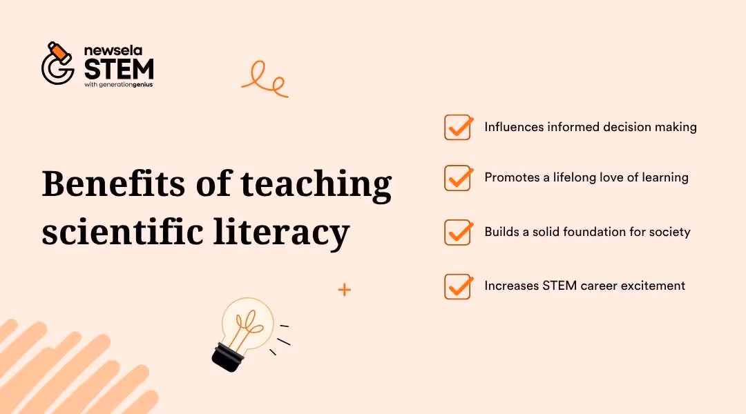 A slide from a Newsela Science presentation titled "Benefits of teaching scientific literacy." The benefits listed are: Influences informed decision making, Promotes a lifelong love of learning, Builds a solid foundation for society, and Increases STEM career excitement.