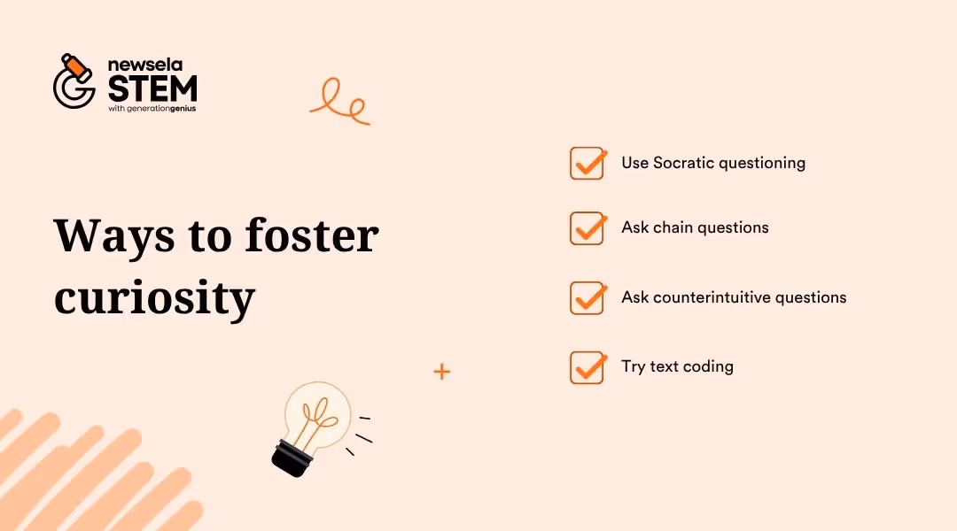 A slide from a Newsela Science presentation titled "Ways to foster curiosity." The methods listed are: Use Socratic questioning, Ask chain questions, Ask counterintuitive questions, and Try text coding.