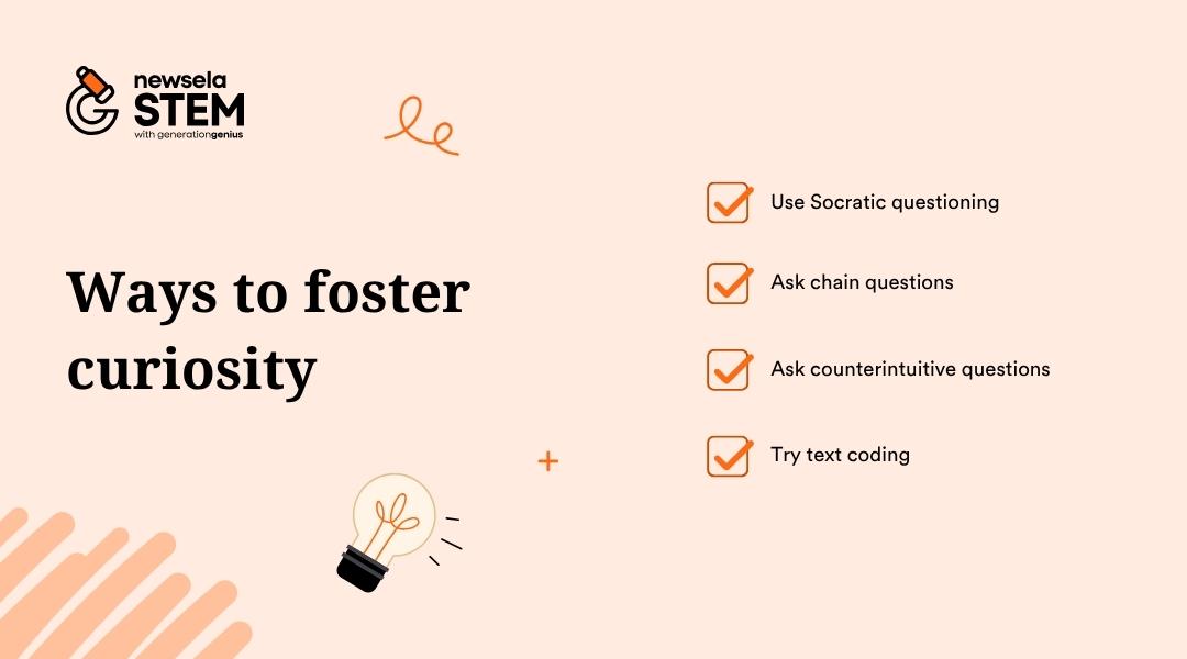 A slide from a Newsela Science presentation titled "Ways to foster curiosity." The methods listed are: Use Socratic questioning, Ask chain questions, Ask counterintuitive questions, and Try text coding.