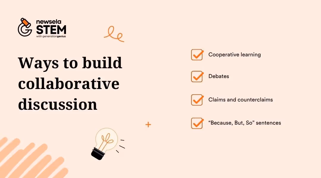 A slide from a Newsela Science presentation titled "Ways to build collaborative discussion." The methods listed are: Cooperative learning, Debates, Claims and counterclaims, and "Because, But, So" sentences.