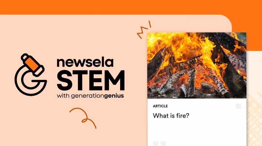 A Newsela Science graphic with an article titled "What is fire?" The image is a close-up of a blazing fire with logs burning brightly.