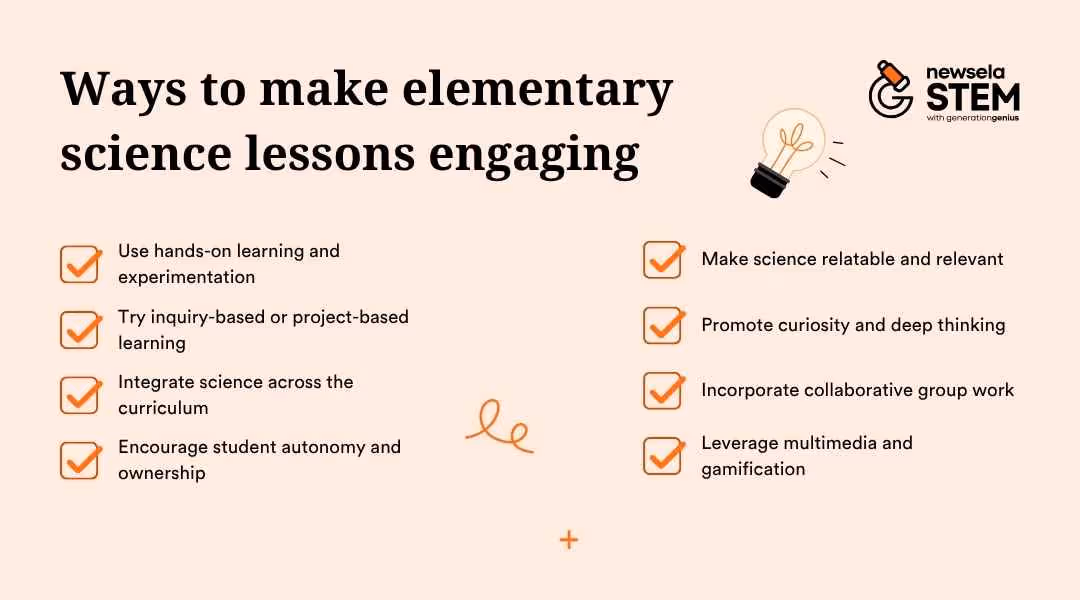 "Ways to make elementary science lessons engaging: use hands-on learning, inquiry/project-based learning, integrate science across curriculum, encourage autonomy, make science relatable, promote curiosity, incorporate collaborative work, and leverage multimedia/gamification. Effective strategies for science teachers."