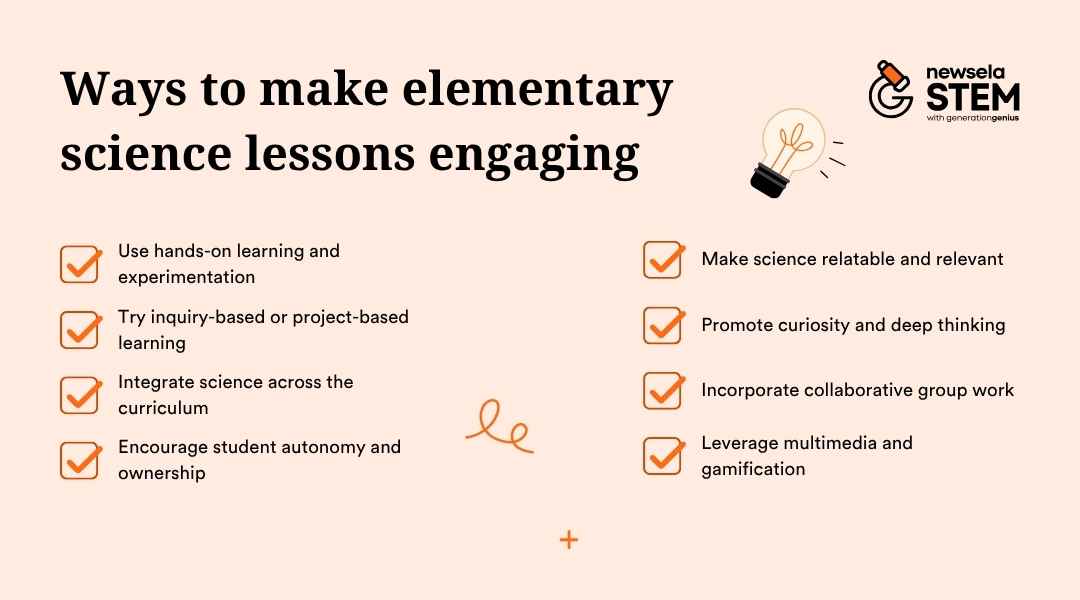 "Ways to make elementary science lessons engaging: use hands-on learning, inquiry/project-based learning, integrate science across curriculum, encourage autonomy, make science relatable, promote curiosity, incorporate collaborative work, and leverage multimedia/gamification. Effective strategies for science teachers."