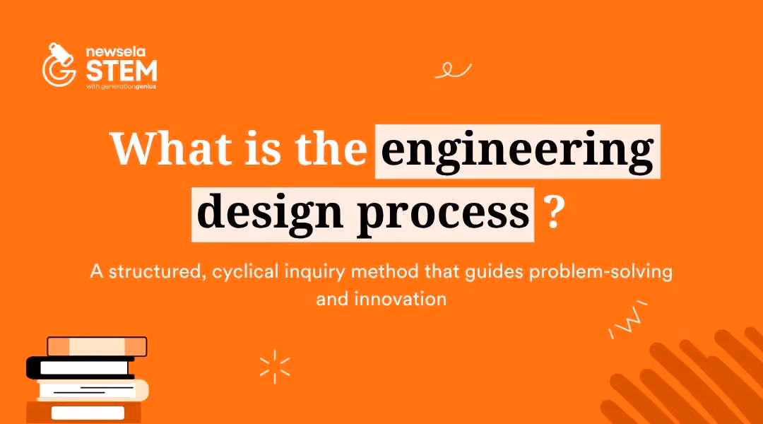 A slide from a Newsela Science presentation with the title "What is the engineering design process?" and the definition: "A structured, cyclical inquiry method that guides problem-solving and innovation."