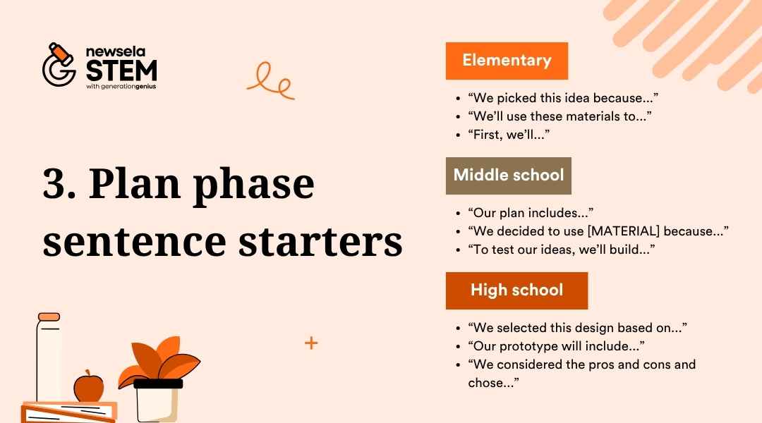 A slide titled "3. Plan phase sentence starters" from a Newsela Science presentation. It lists sentence starters for elementary, middle school, and high school students to use during the "Plan" phase of the engineering design process.
