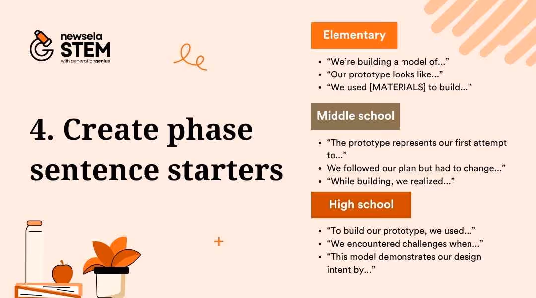 A slide titled "4. Create phase sentence starters" from a Newsela Science presentation. It lists sentence starters for elementary, middle school, and high school students to use during the "Create" phase of the engineering design process.