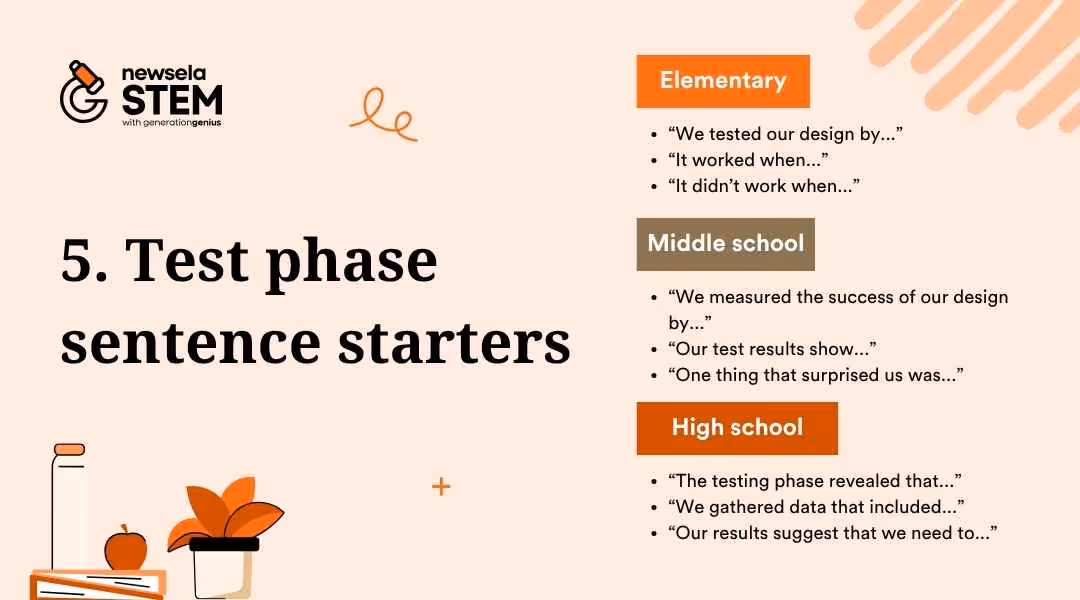 A slide titled "5. Test phase sentence starters" from a Newsela Science presentation. It lists sentence starters for elementary, middle school, and high school students to use during the "Test" phase of the engineering design process.