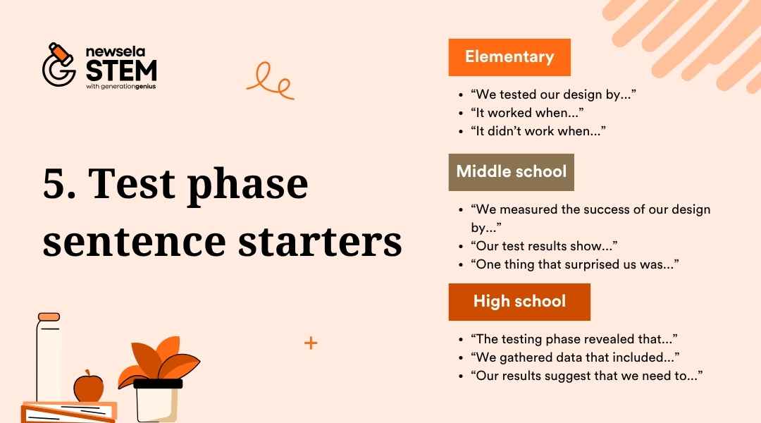 A slide titled "5. Test phase sentence starters" from a Newsela Science presentation. It lists sentence starters for elementary, middle school, and high school students to use during the "Test" phase of the engineering design process.